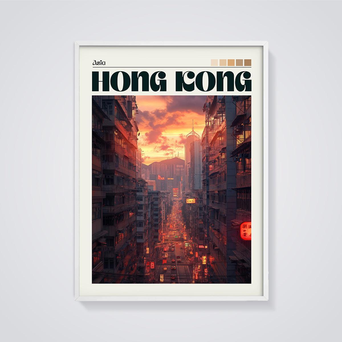 Hong Kong Sunset City Print framed in white on a grey background