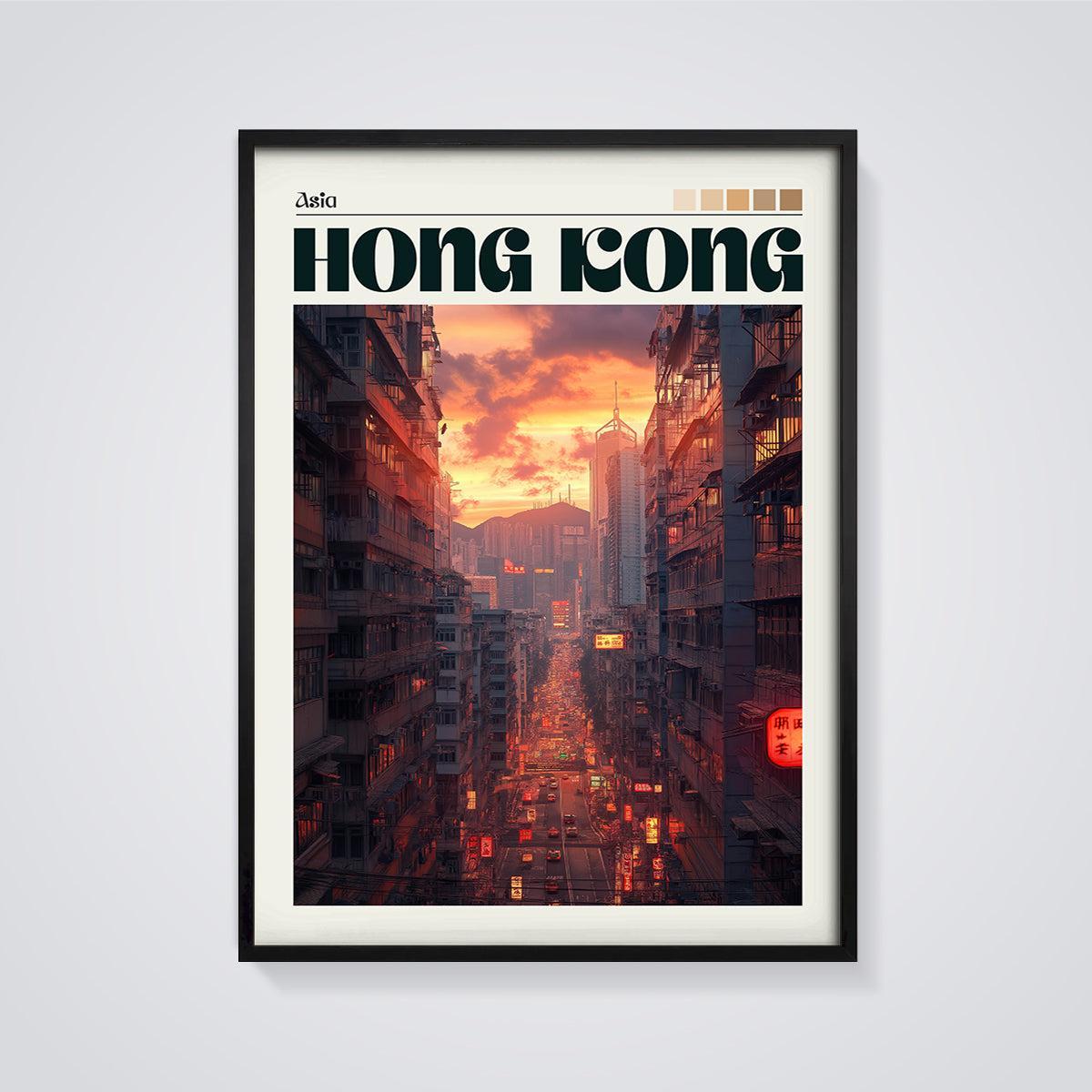 Hong Kong Sunset City Print framed in black on a grey background