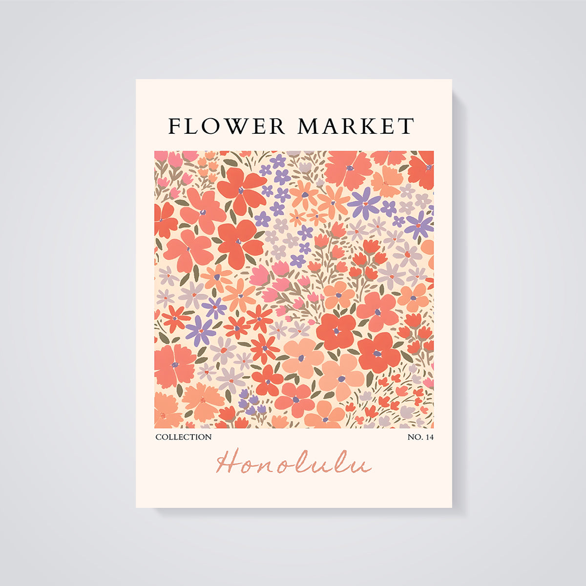 Honolulu Flower Market Floral Print unframed on a grey background