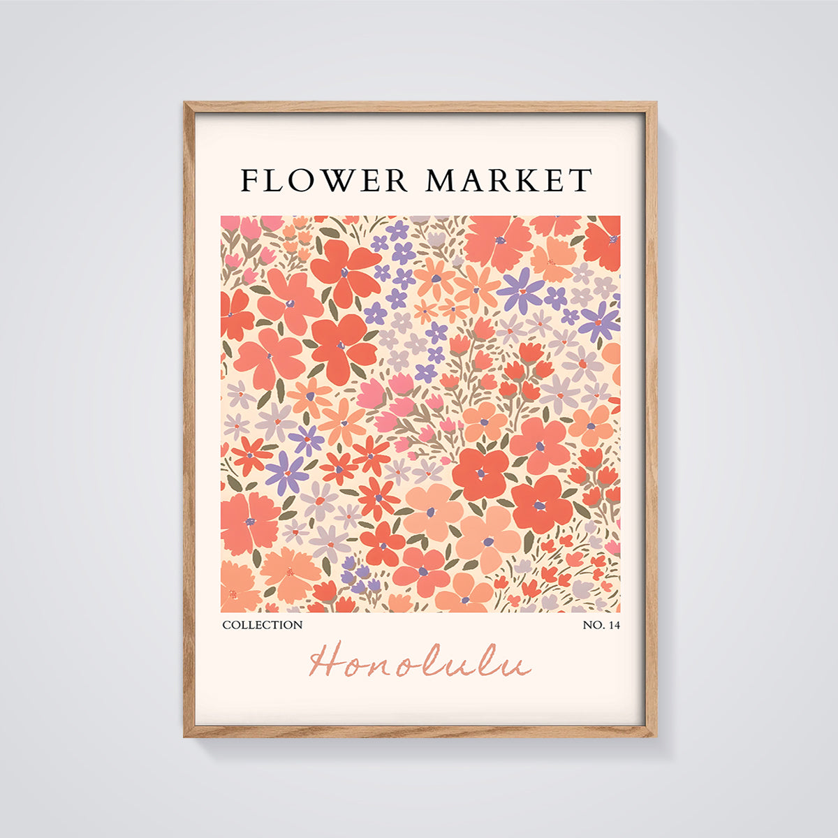 Honolulu Flower Market Floral Print framed in oak on a grey background