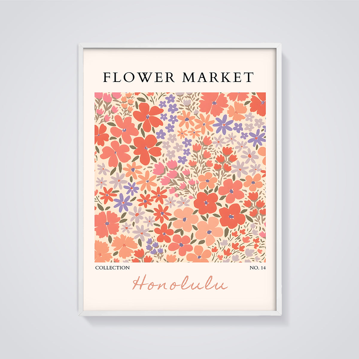 Honolulu Flower Market Floral Print framed in white on a grey background
