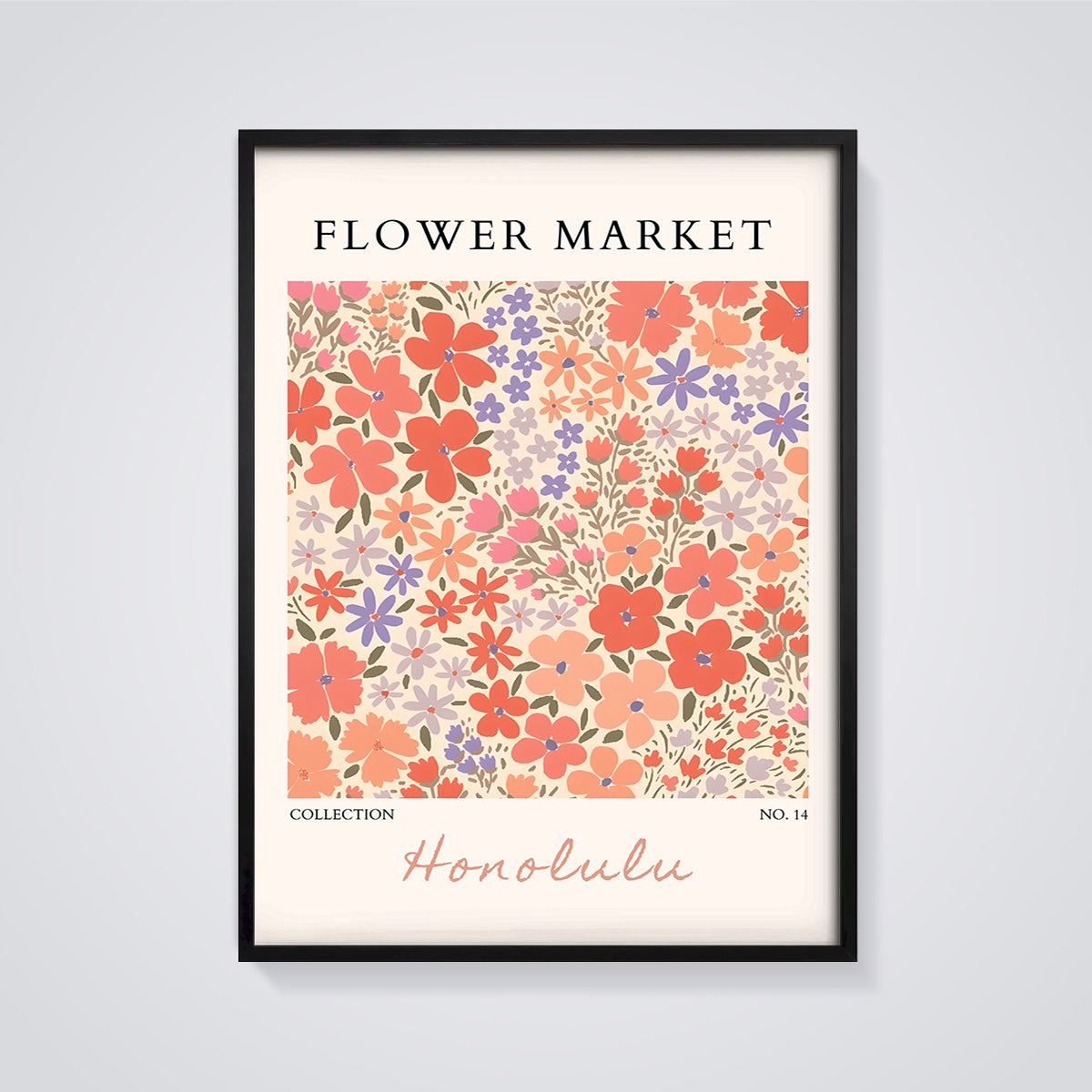 Honolulu Flower Market Floral Print framed in black on a grey background