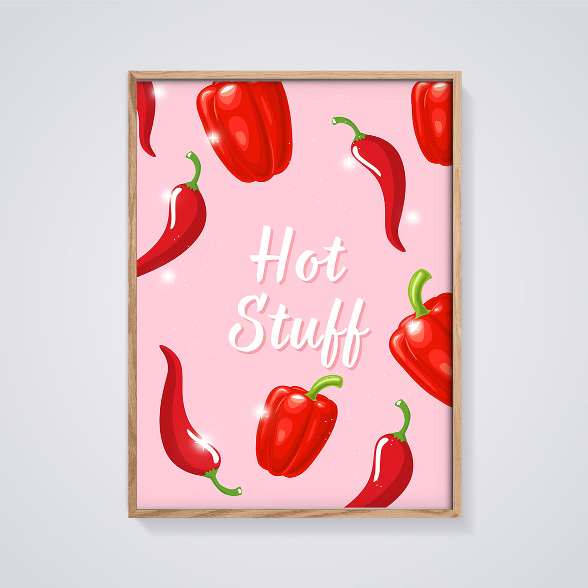 Hot Stuff Peppers Print framed in oak on a grey background