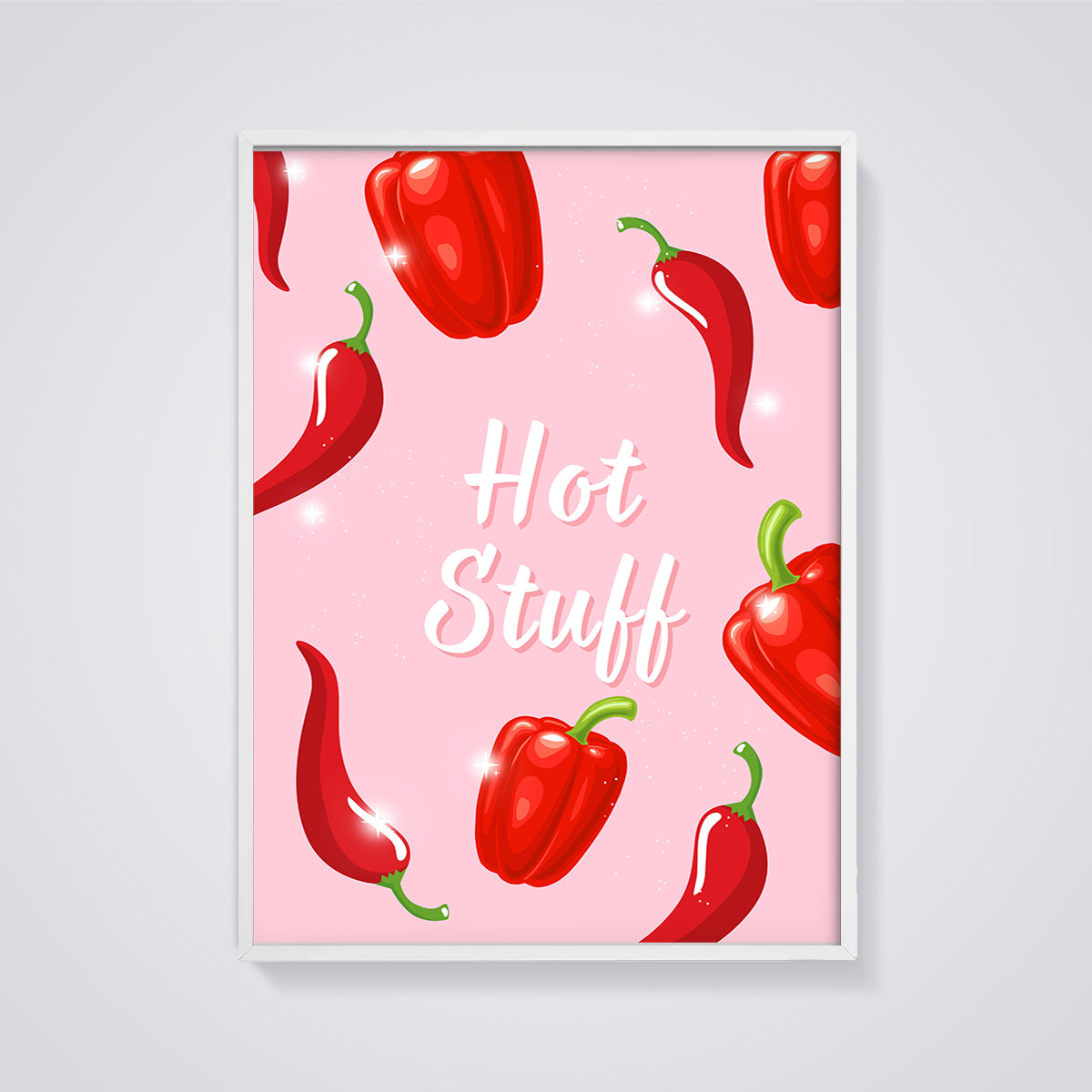 Hot Stuff Peppers Print framed in white on a grey background