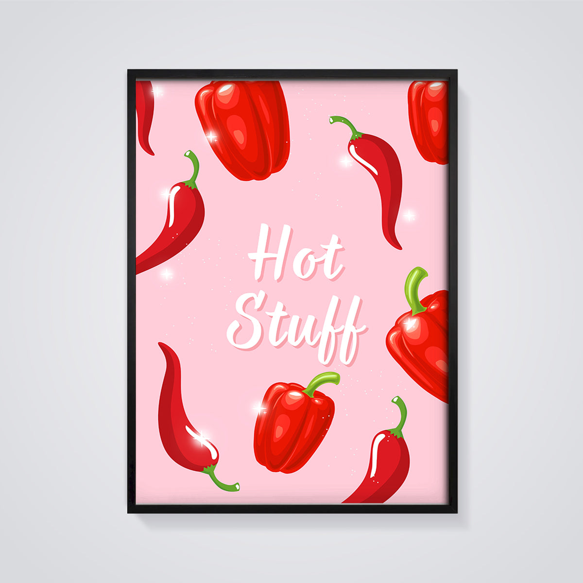 Hot Stuff Peppers Print framed in black on a grey background
