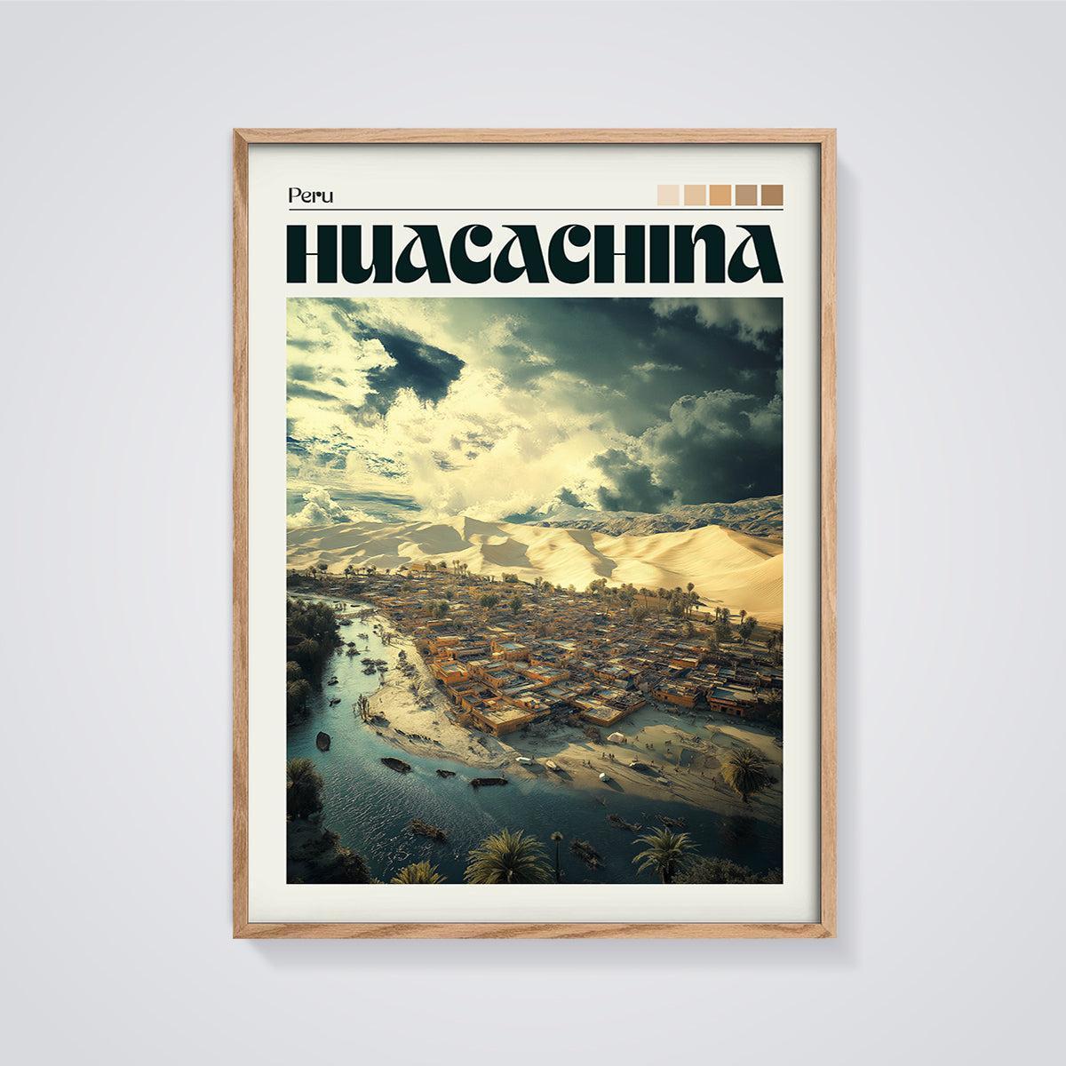 Huacachina Oasis Print framed in oak on a grey background