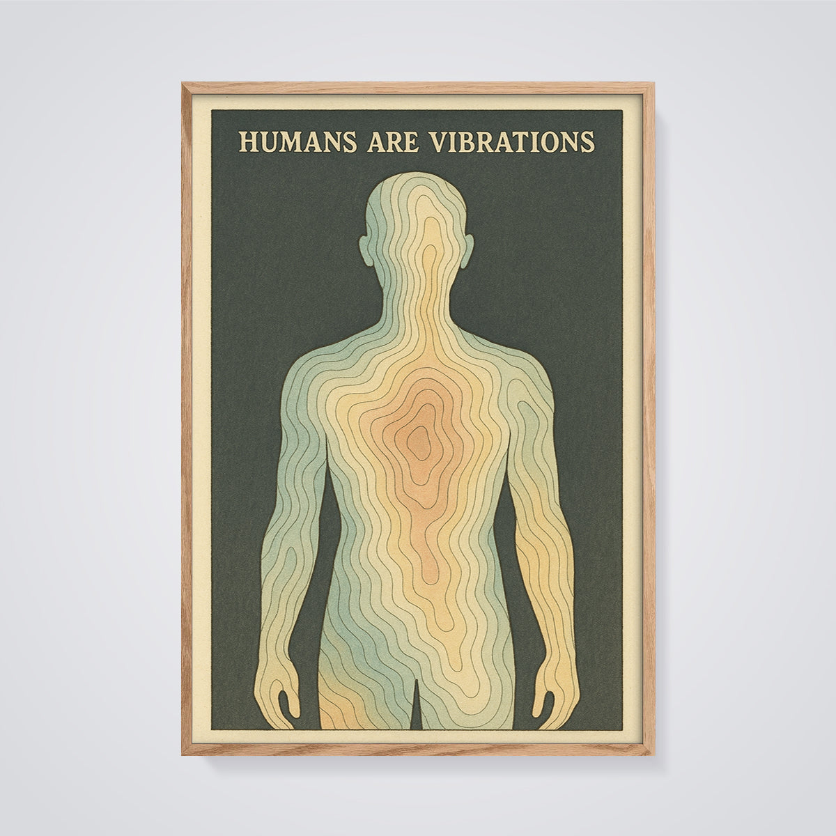 Humans Are Vibrations Energy Body Print framed in oak on a grey background