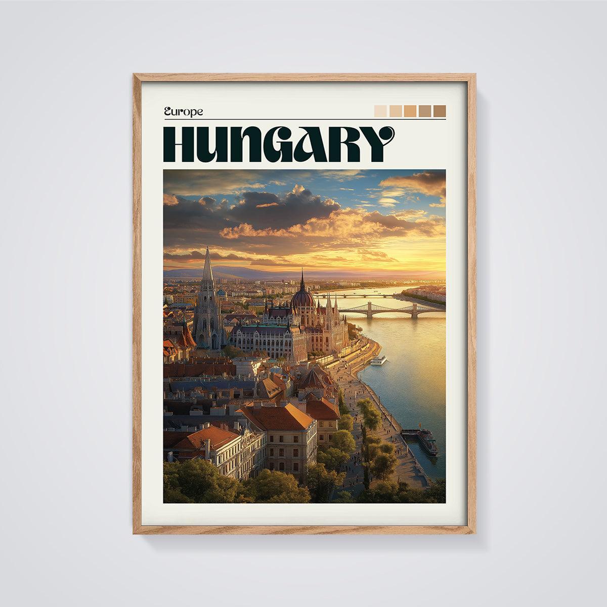 Hungary Budapest Sunset Print framed in oak on a grey background