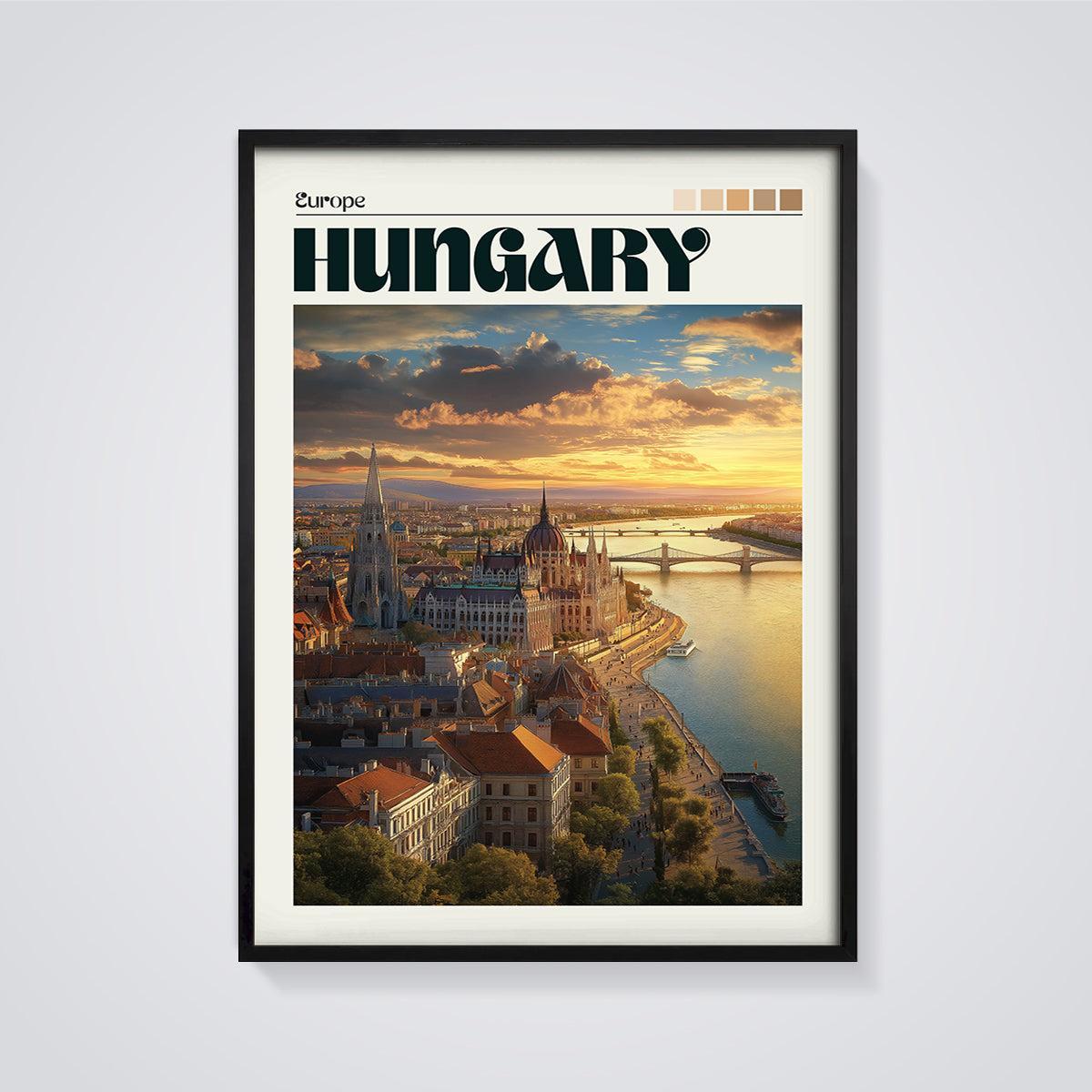Hungary Budapest Sunset Print framed in black on a grey background