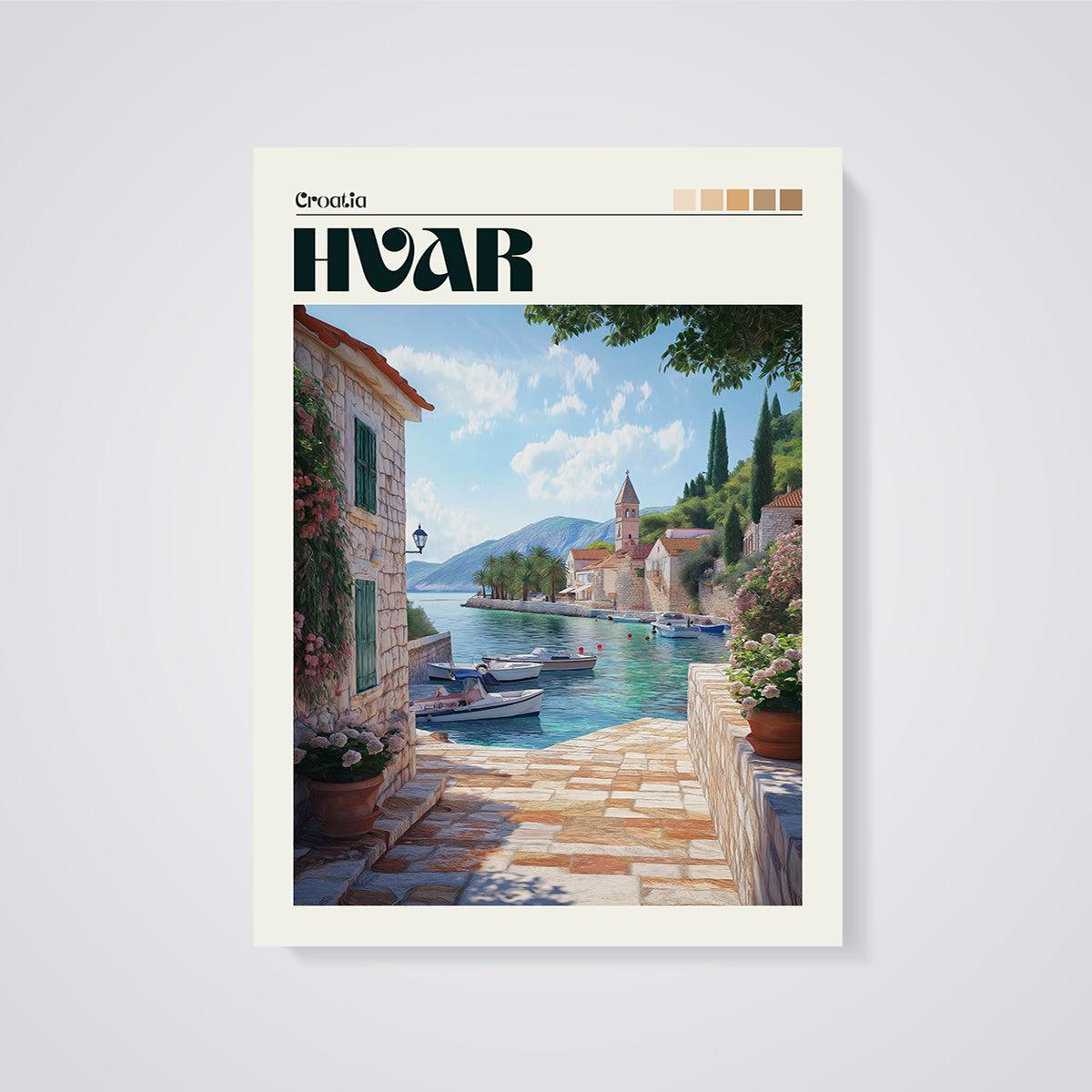 Hvar Coastal Scene Print unframed on a grey background