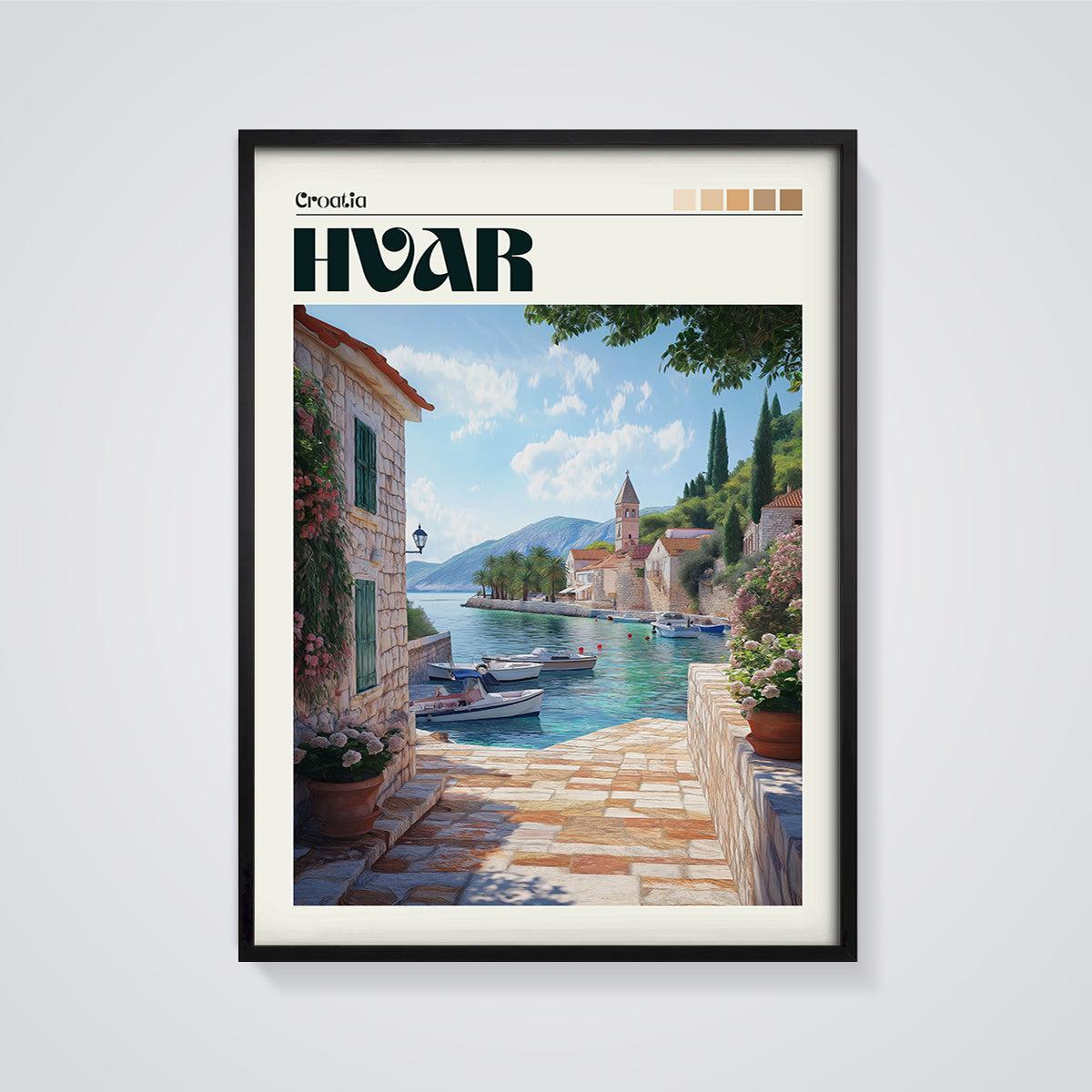 Hvar Coastal Scene Print framed in black on a grey background
