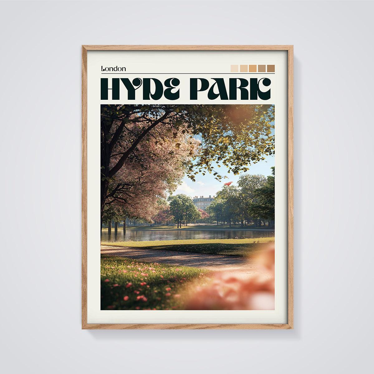 Hyde Park London Lakeside Print framed in oak on a grey background