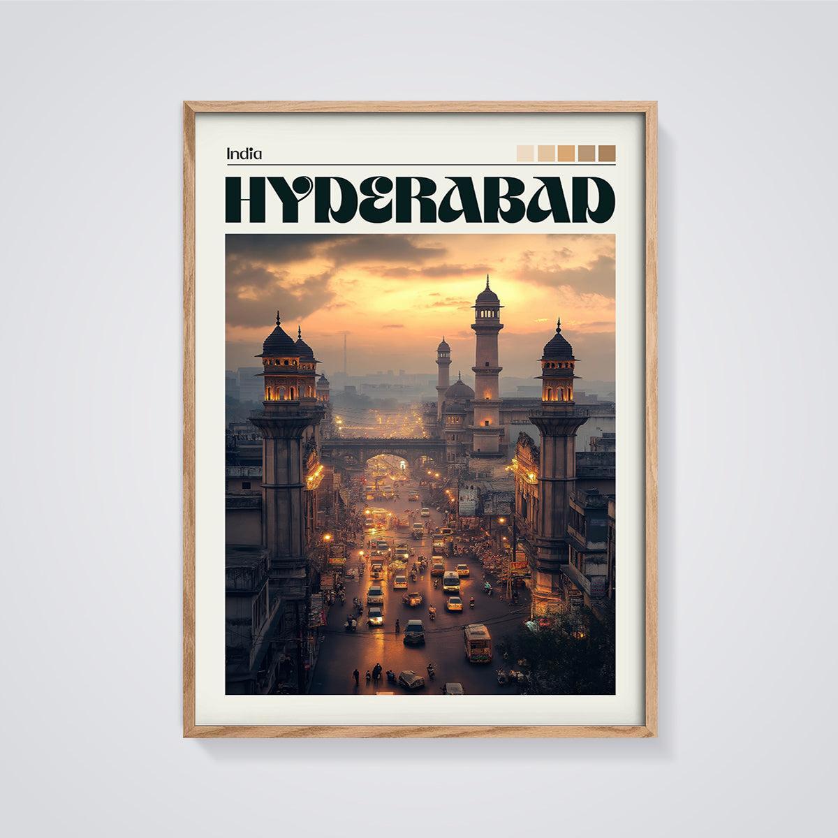 Hyderabad City at Dusk Print framed in oak on a grey background