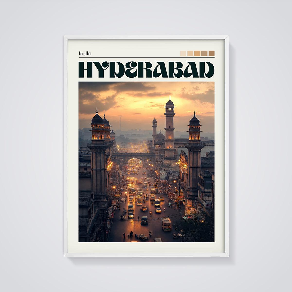 Hyderabad City at Dusk Print framed in white on a grey background