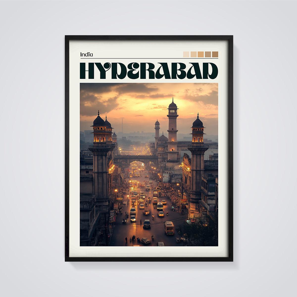 Hyderabad City at Dusk Print framed in black on a grey background