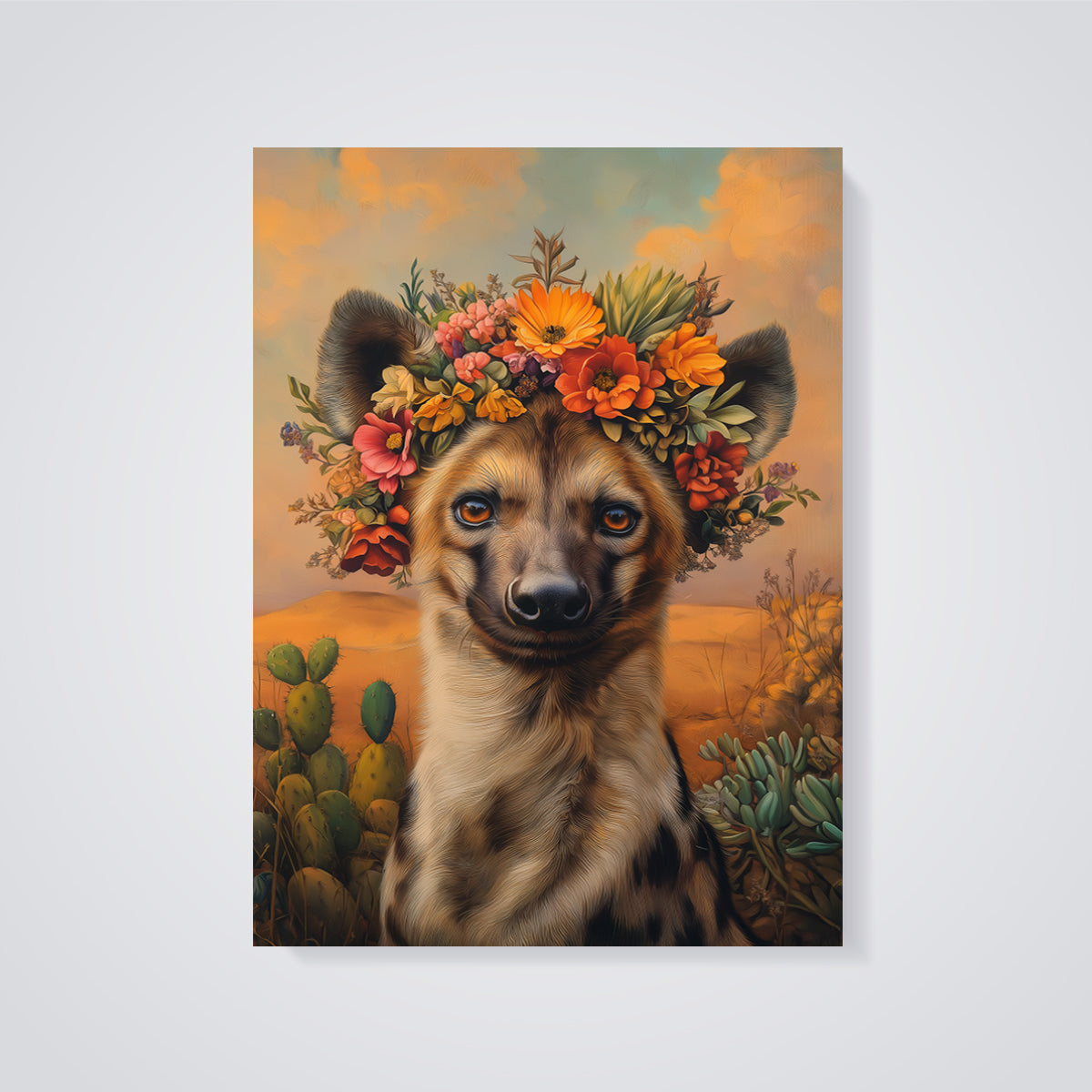 Hyena Flower Crown Print unframed on a grey background