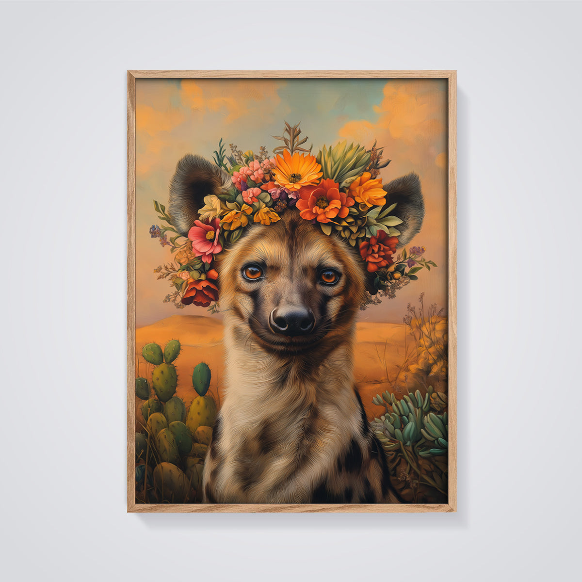 Hyena Flower Crown Print framed in oak on a grey background