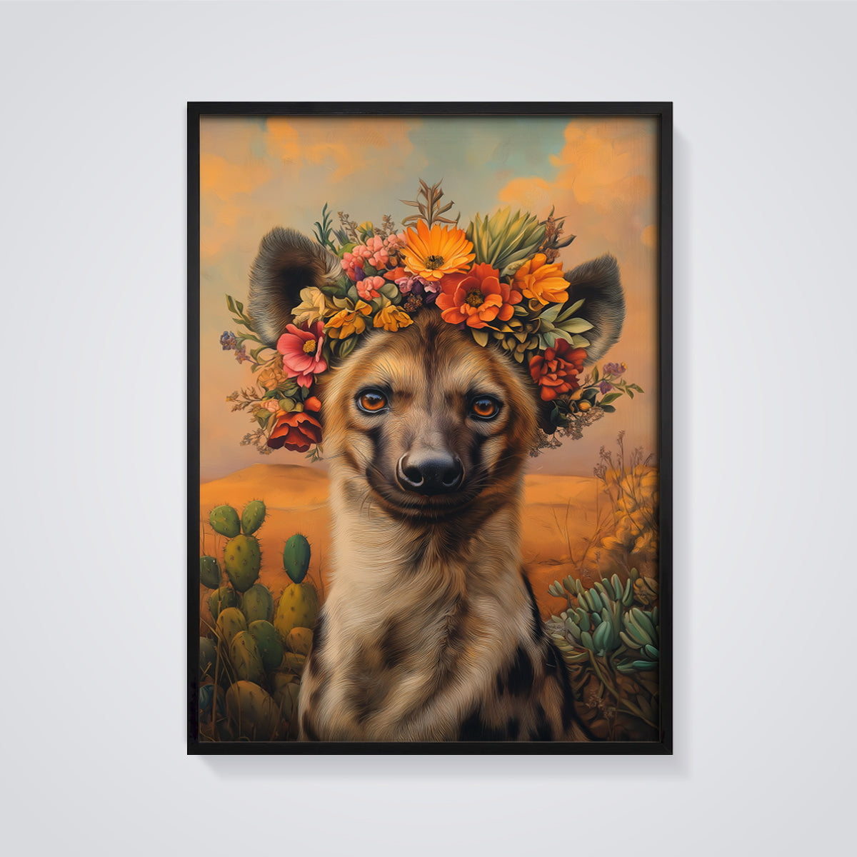 Hyena Flower Crown Print framed in black on a grey background