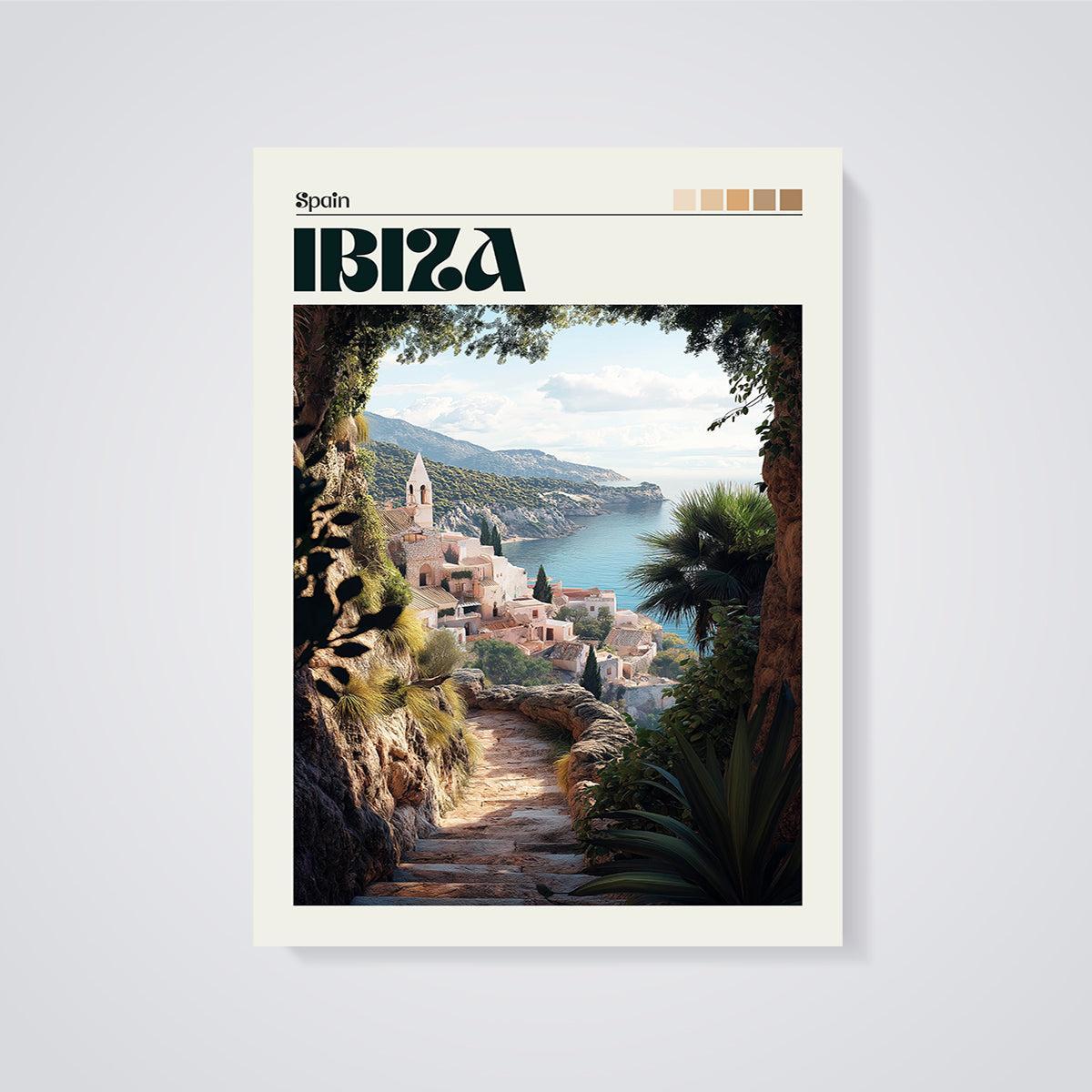 Ibiza Coastal Path Village Print unframed on a grey background