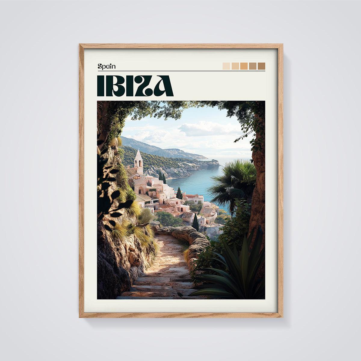 Ibiza Coastal Path Village Print framed in oak on a grey background