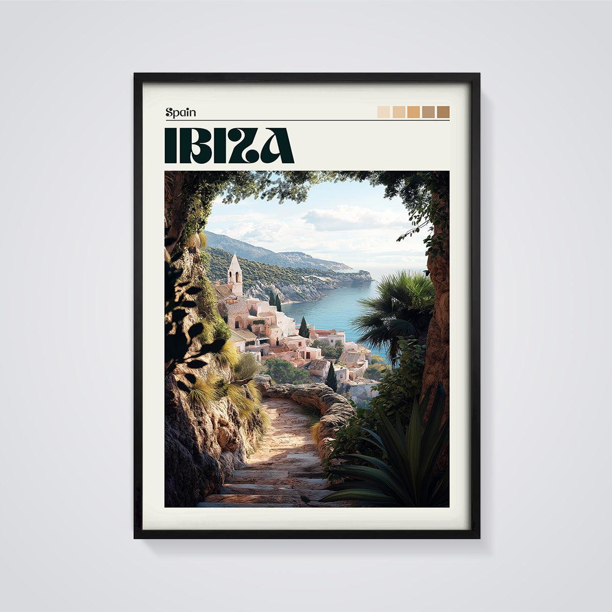 Ibiza Coastal Path Village Print framed in black on a grey background