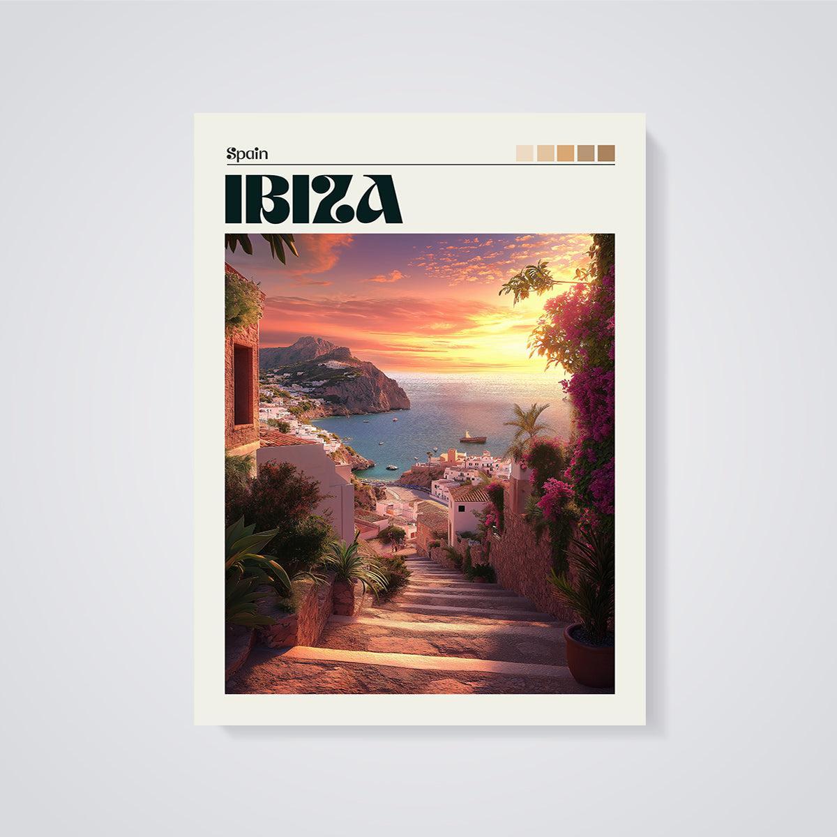 Ibiza Sunset Village Print unframed on a grey background