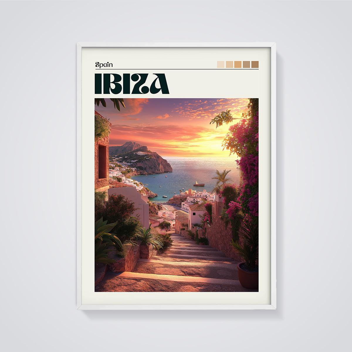 Ibiza Sunset Village Print framed in white on a grey background