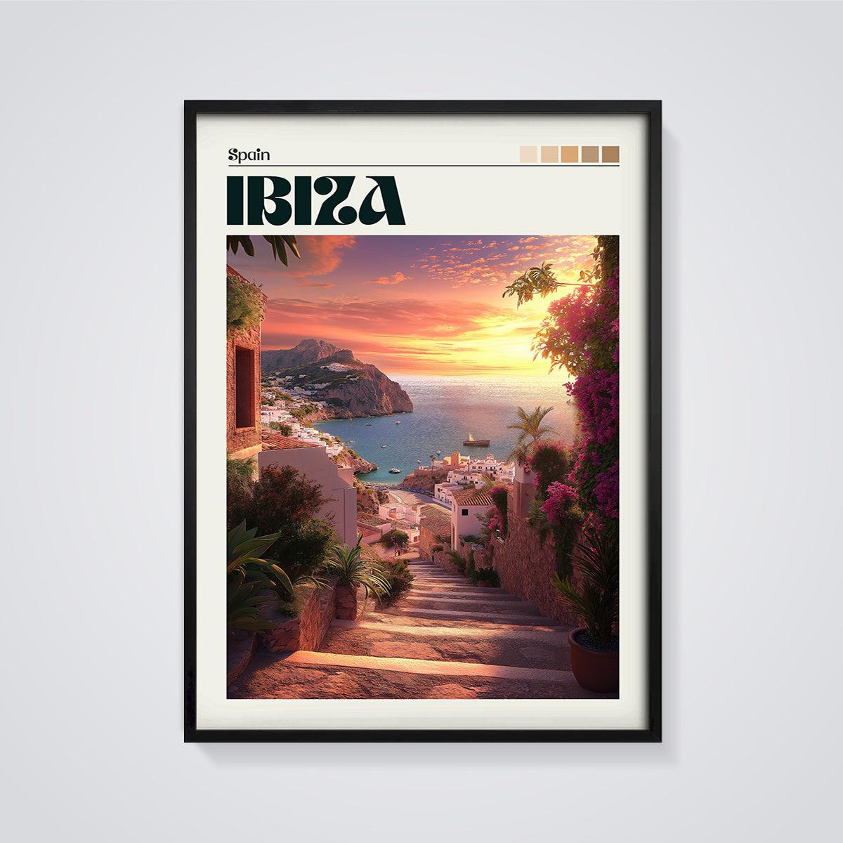 Ibiza Sunset Village Print framed in black on a grey background