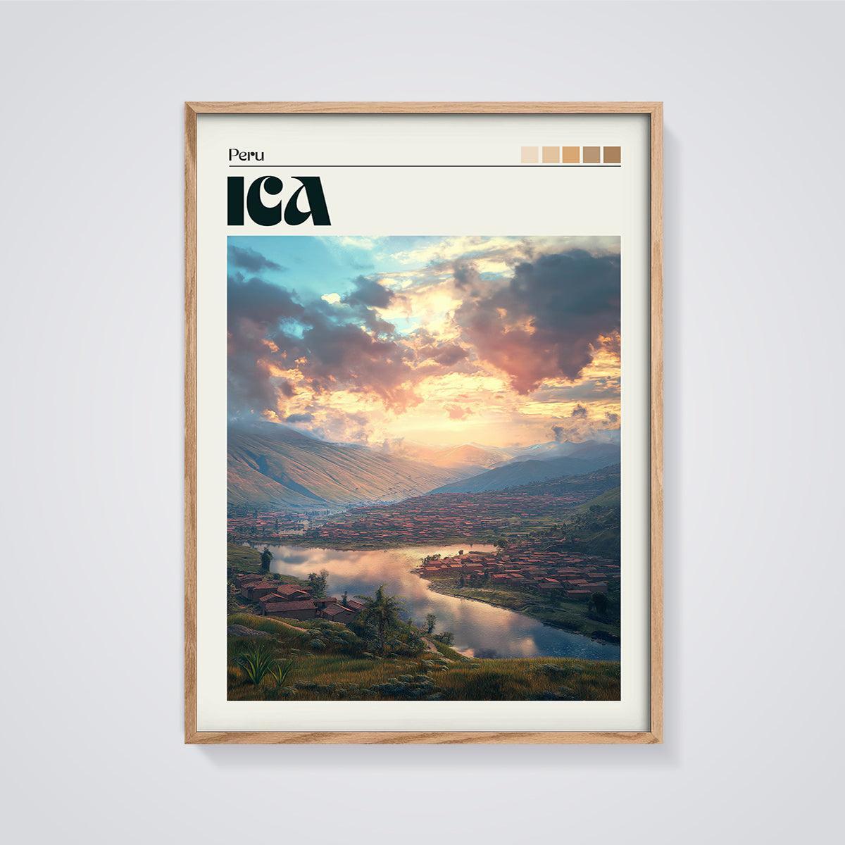 Ica Peru Sunset Landscape Print framed in oak on a grey background