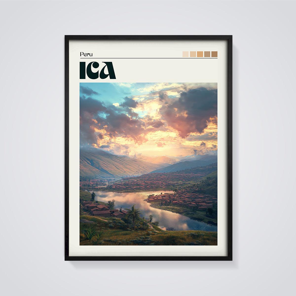 Ica Peru Sunset Landscape Print framed in black on a grey background