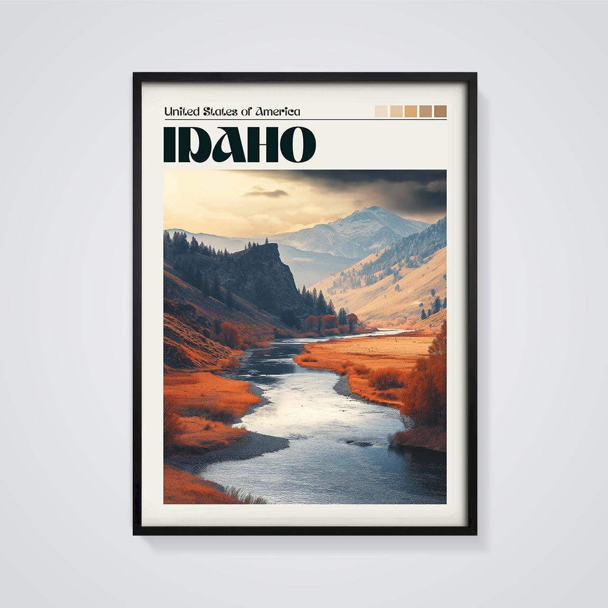 Idaho River Valley Print framed in black on a grey background