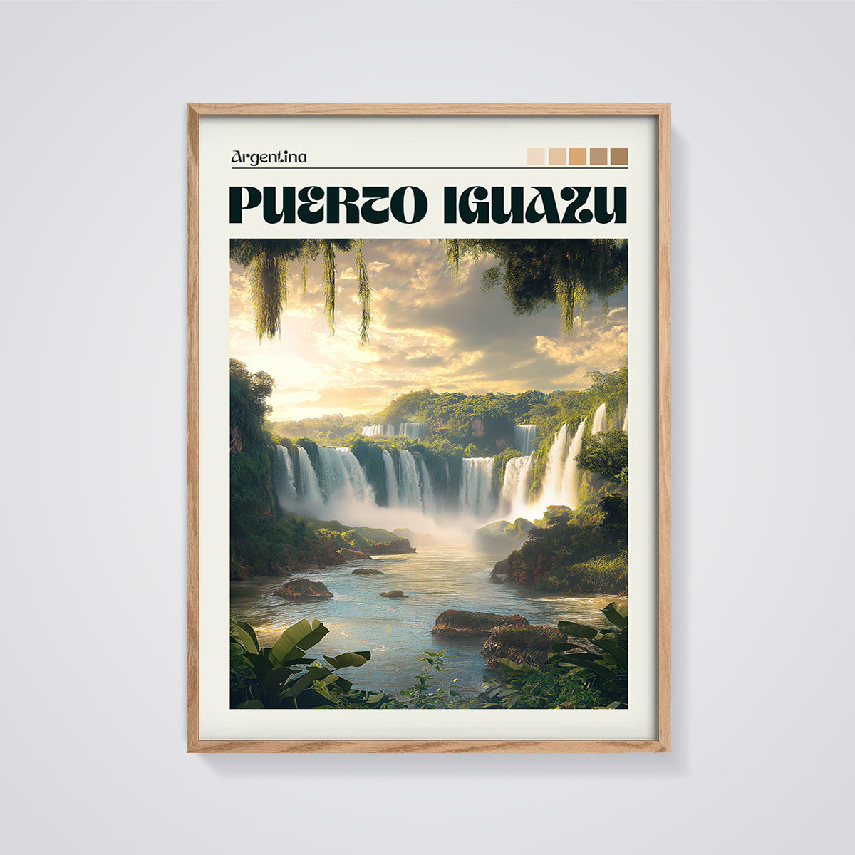Iguazu Falls Argentina Print framed in oak on a grey background