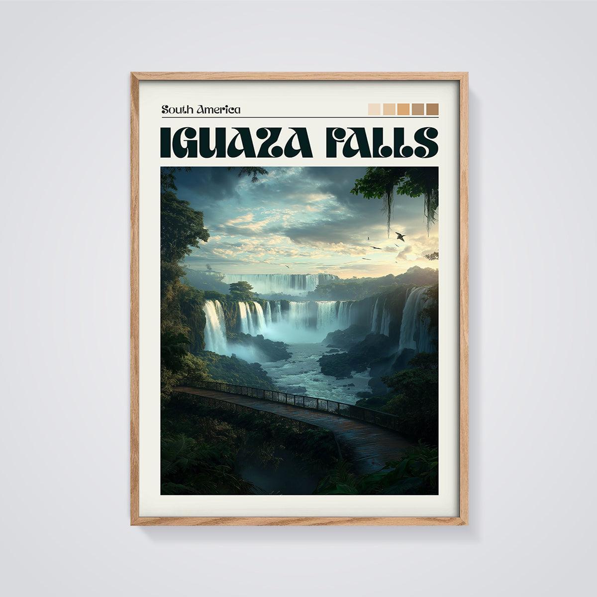 Iguazu Falls South America Print framed in oak on a grey background