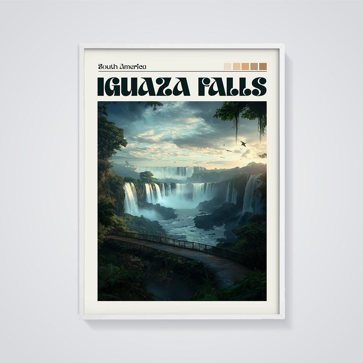 Iguazu Falls South America Print framed in white on a grey background