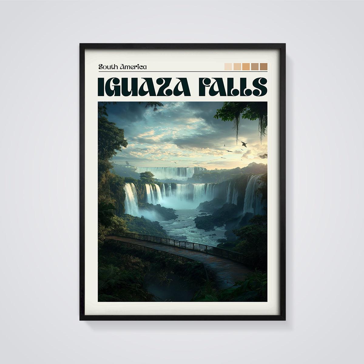 Iguazu Falls South America Print framed in black on a grey background