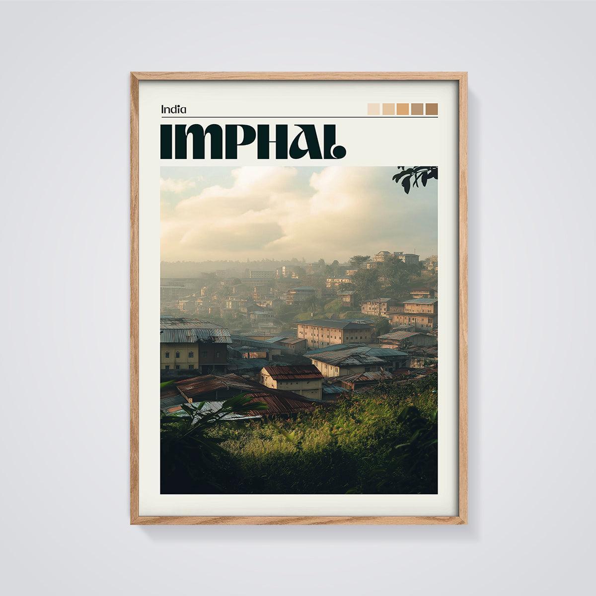 Imphal Hillside Cityscape Print framed in oak on a grey background