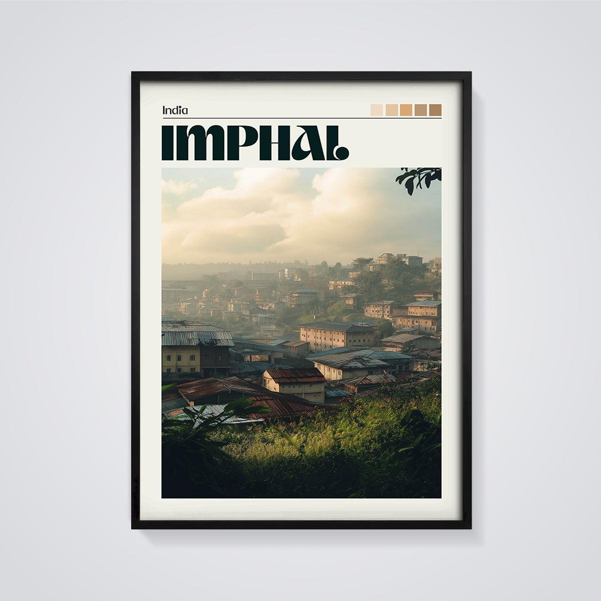 Imphal Hillside Cityscape Print framed in black on a grey background