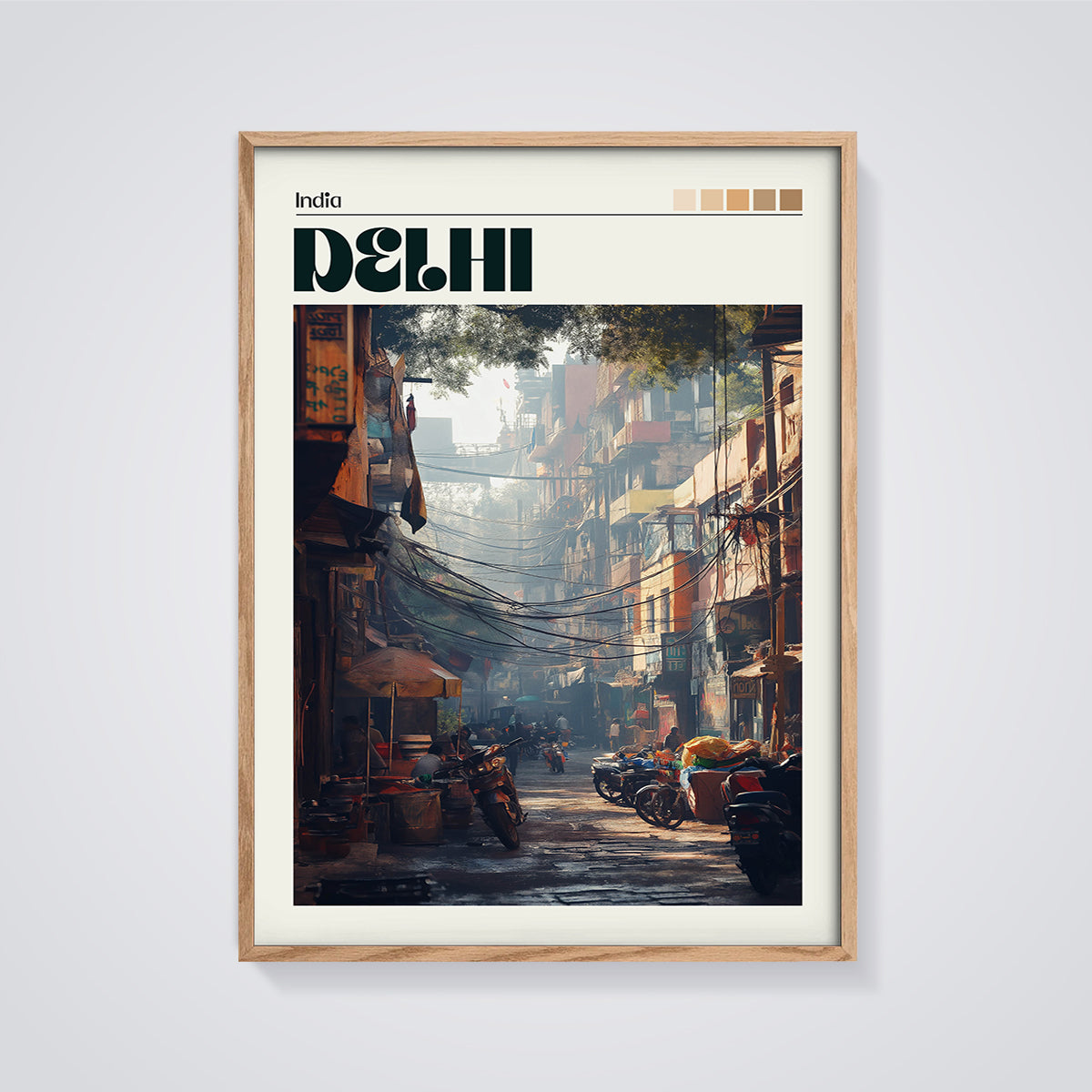 India DELHI Street Scene Print framed in oak on a grey background