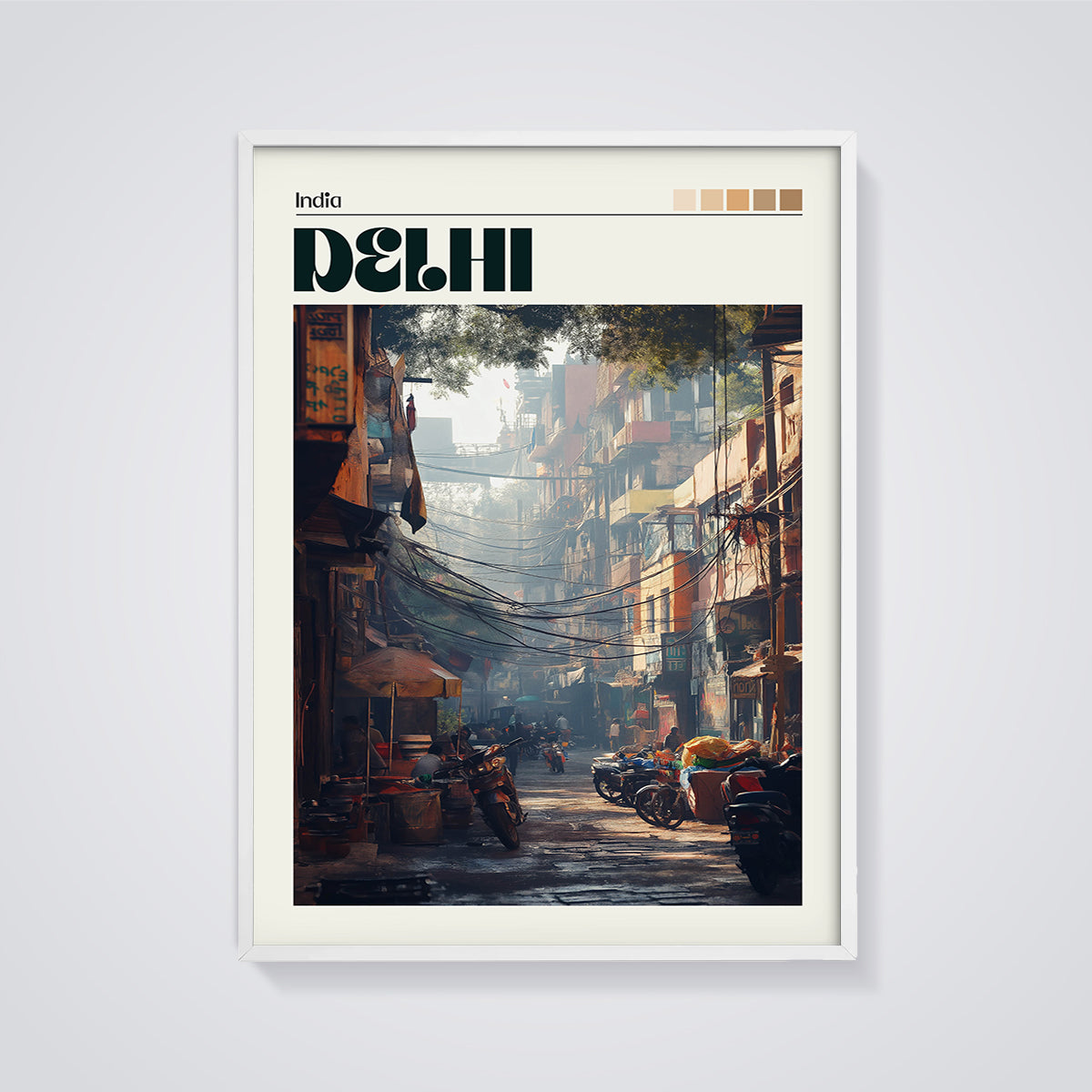 India DELHI Street Scene Print framed in white on a grey background