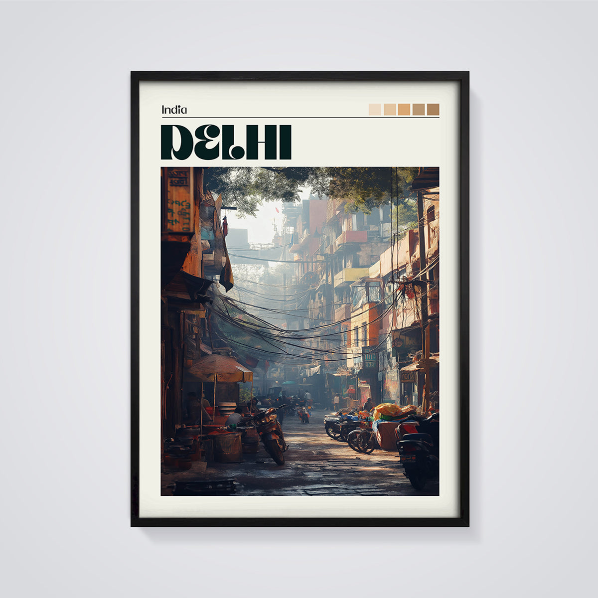 India DELHI Street Scene Print framed in black on a grey background