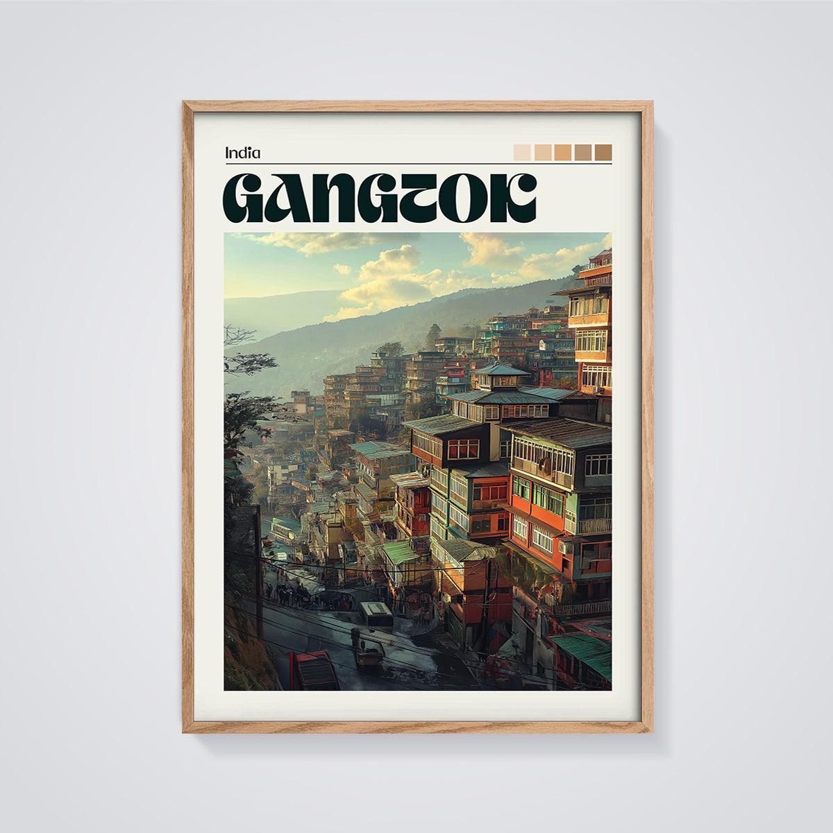 India Gangtok City Print framed in oak on a grey background