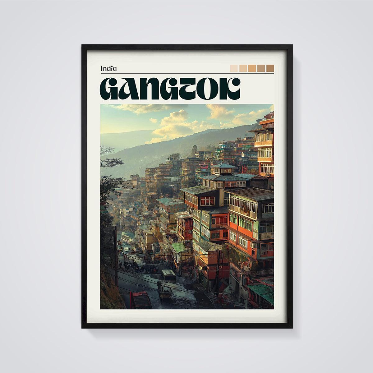 India Gangtok City Print framed in black on a grey background