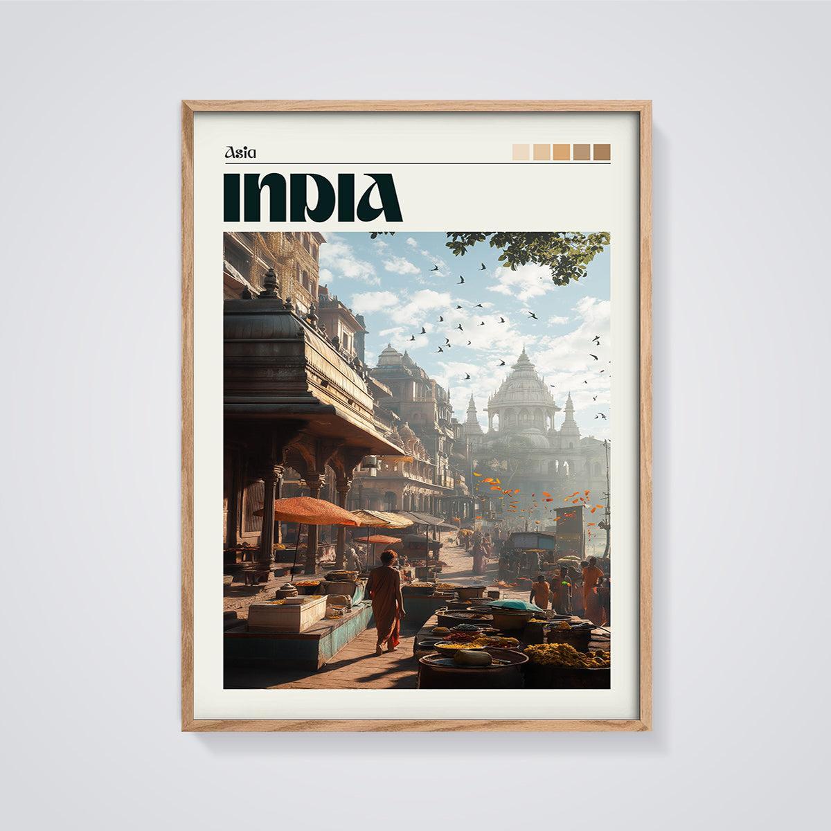India Market Street Print framed in oak on a grey background