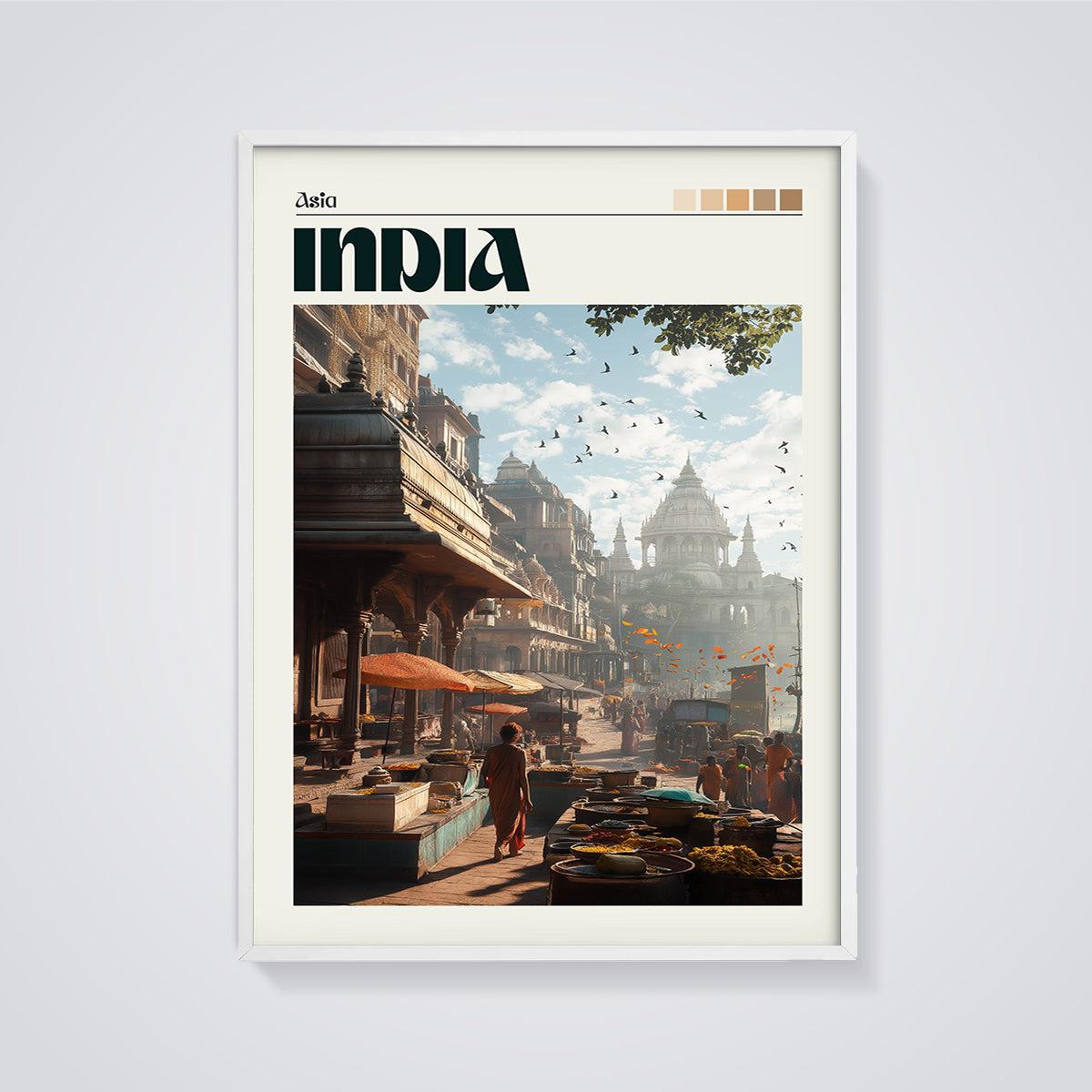 India Market Street Print framed in white on a grey background