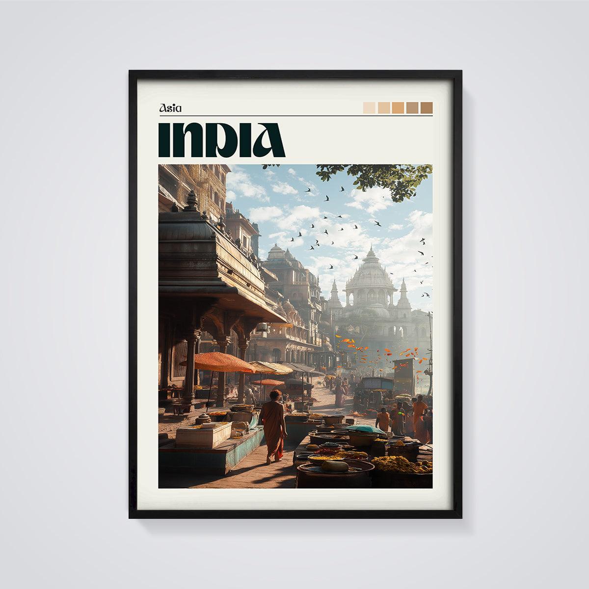 India Market Street Print framed in black on a grey background