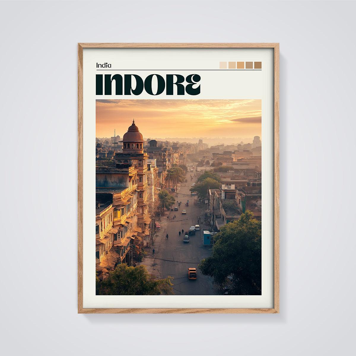 Indore India Street View Print framed in oak on a grey background