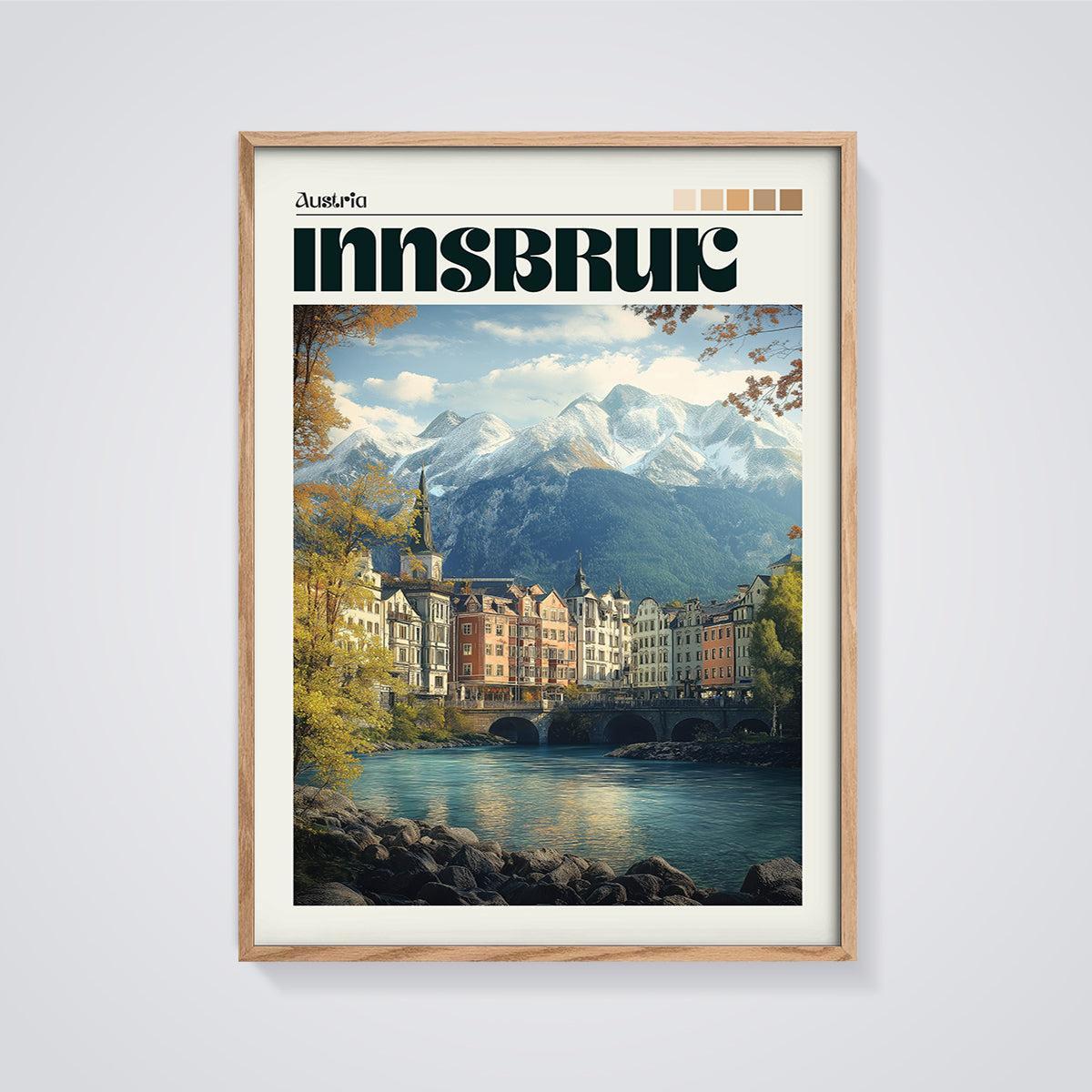 Innsbruck Austria Travel Print framed in oak on a grey background