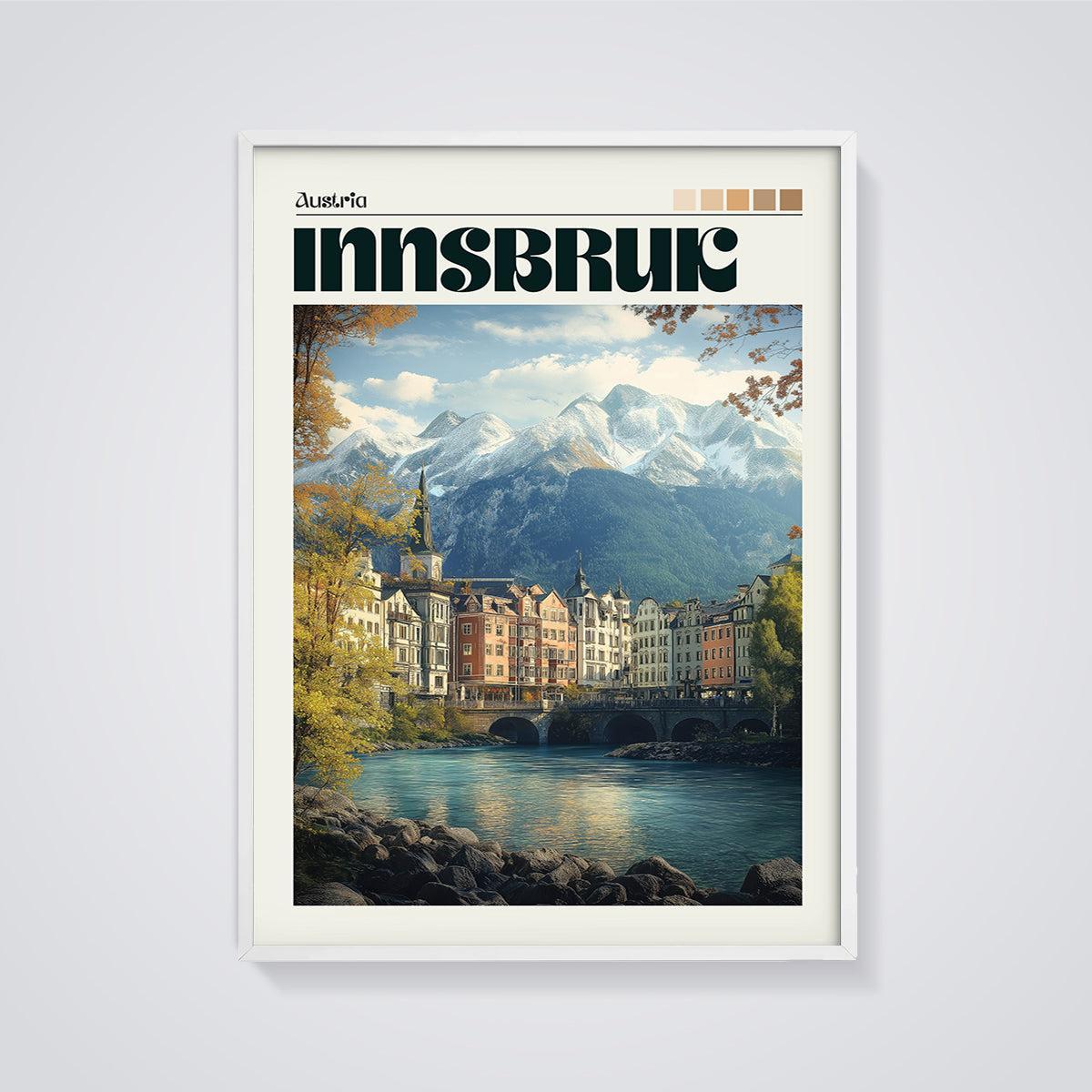 Innsbruck Austria Travel Print framed in white on a grey background