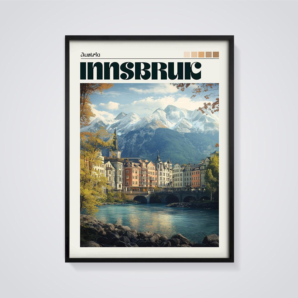 Innsbruck Austria Travel Print framed in black on a grey background