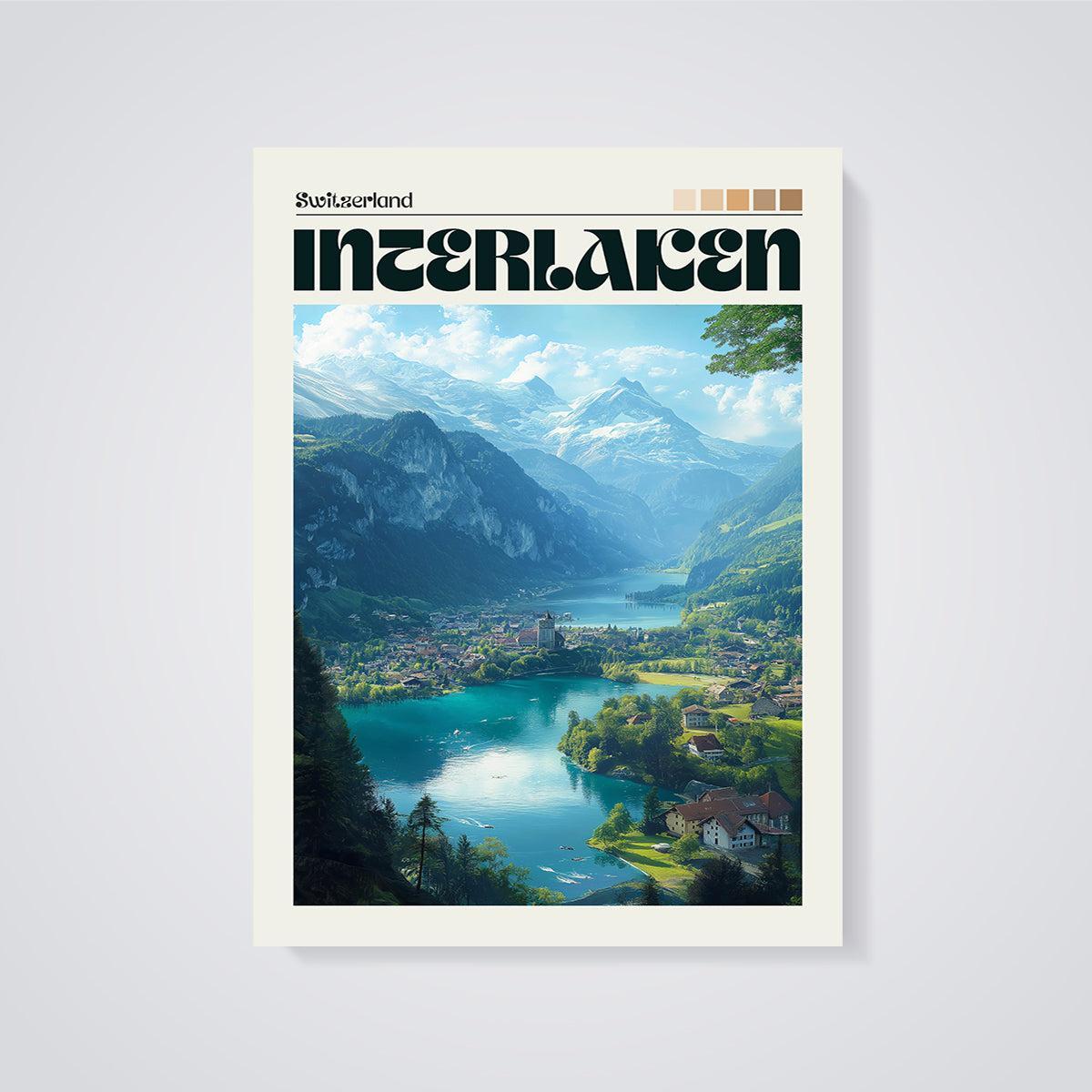 Interlaken Swiss Mountain Lake Print unframed on a grey background